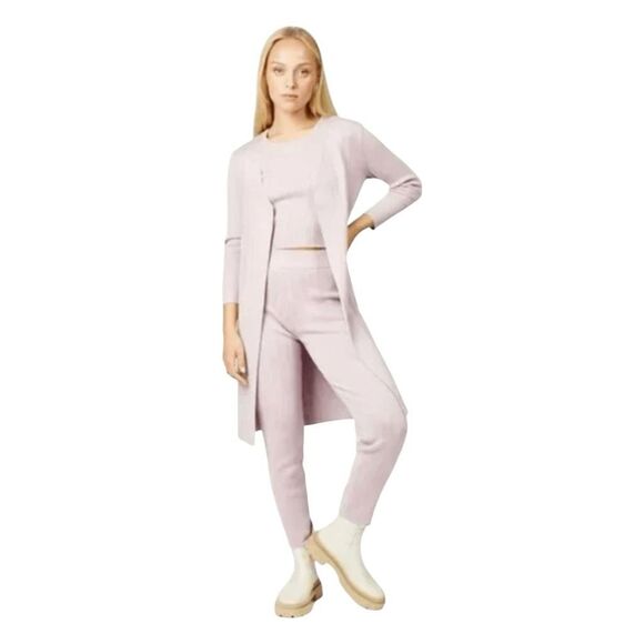 Silk & Salt Staycation 3 Piece Lounge Set Powder Pink Ribbed Knit Pants Top Card - Picture 1 of 10